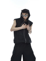 Deconstructed Hooded Vest and Cargo Pants Set - Black Vest