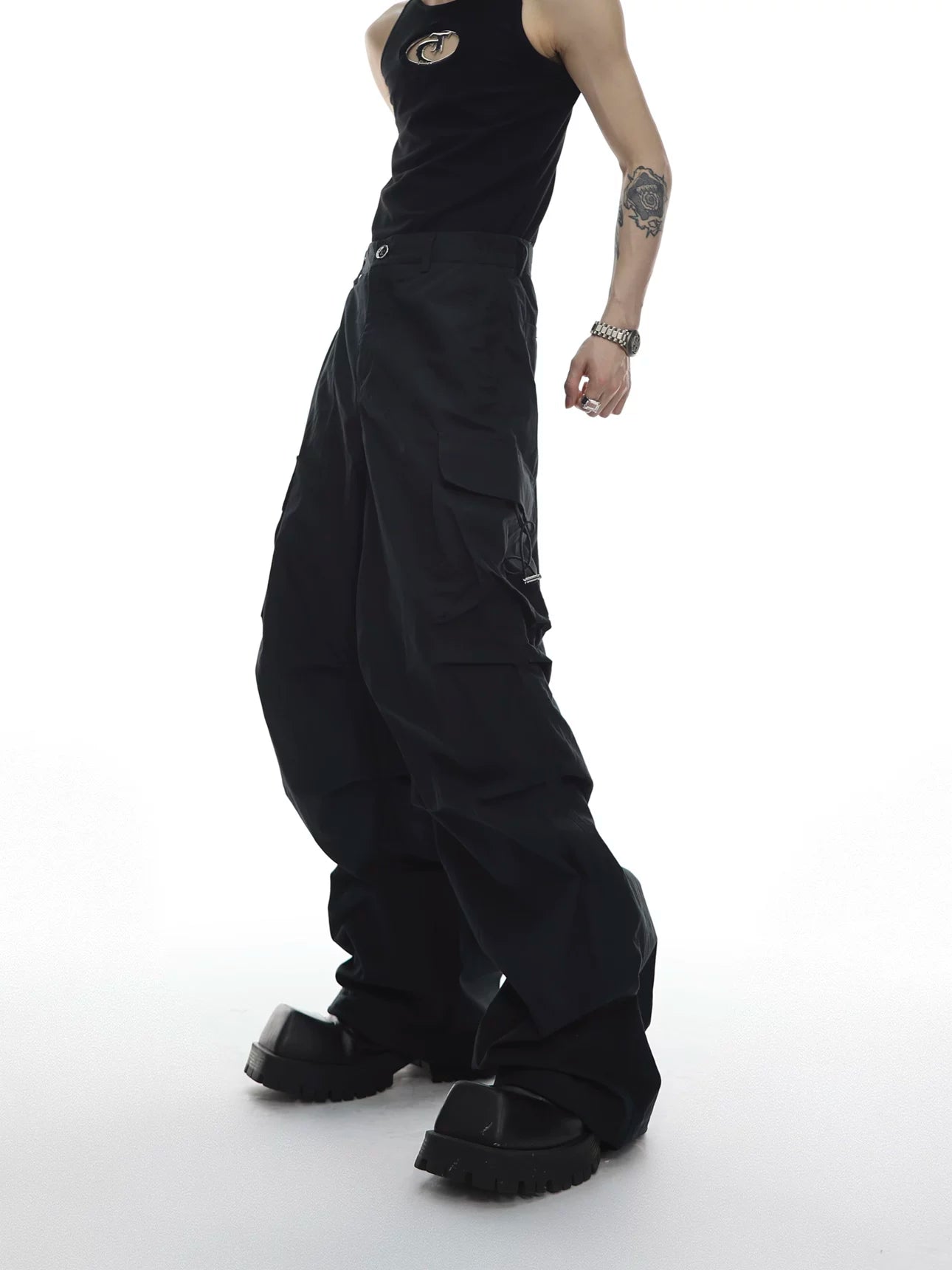 Deconstructed Hooded Vest and Cargo Pants Set - Black Pants