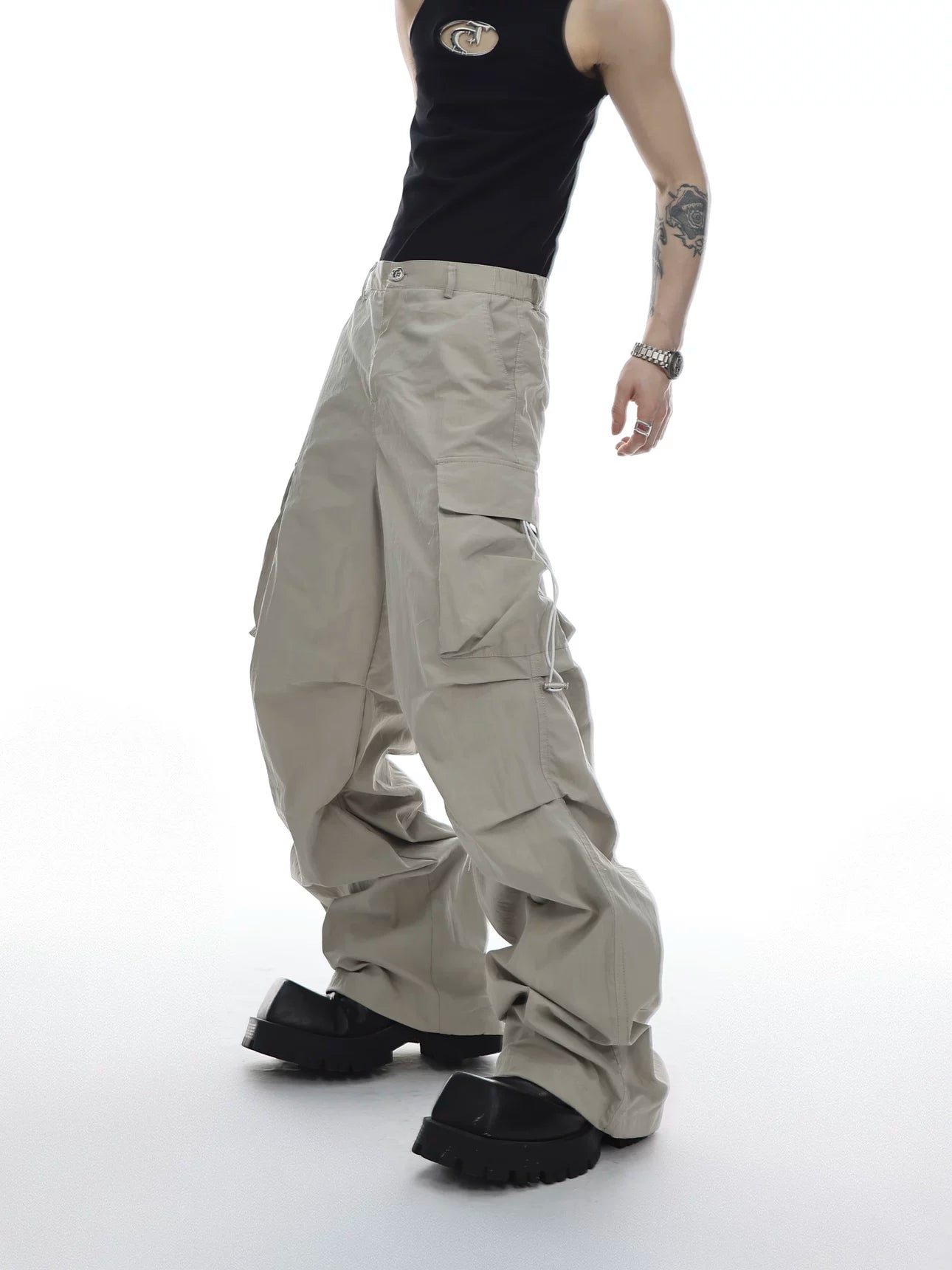 Deconstructed Hooded Vest and Cargo Pants Set - Khaki Pants