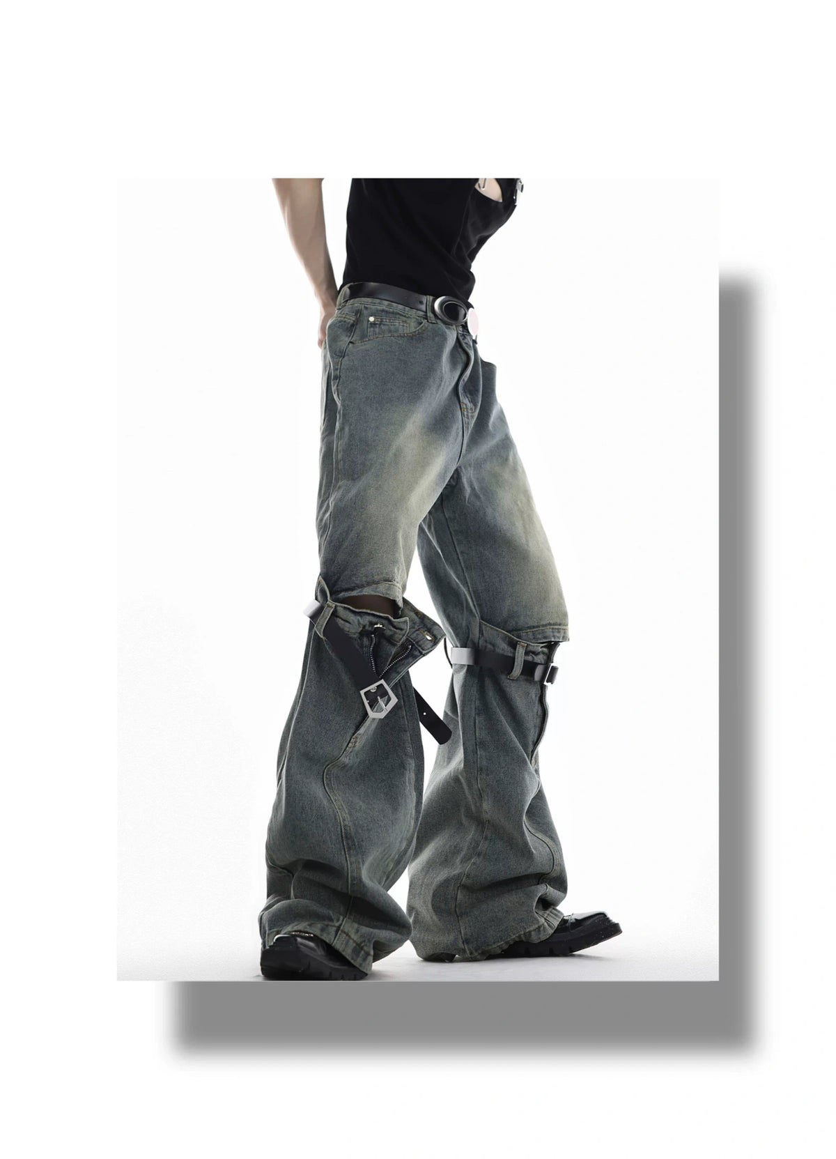 High-Waisted Washed Belt-Detail Jeans | GARGUE TCULTURE - description image 1