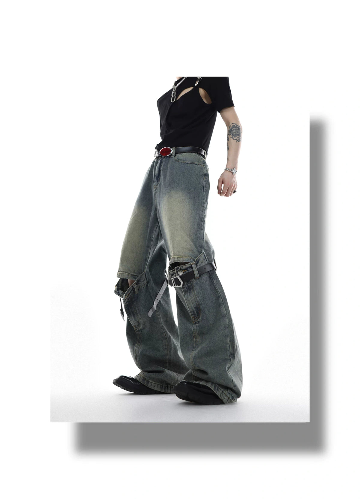 High-Waisted Washed Belt-Detail Jeans | GARGUE TCULTURE - description image 2