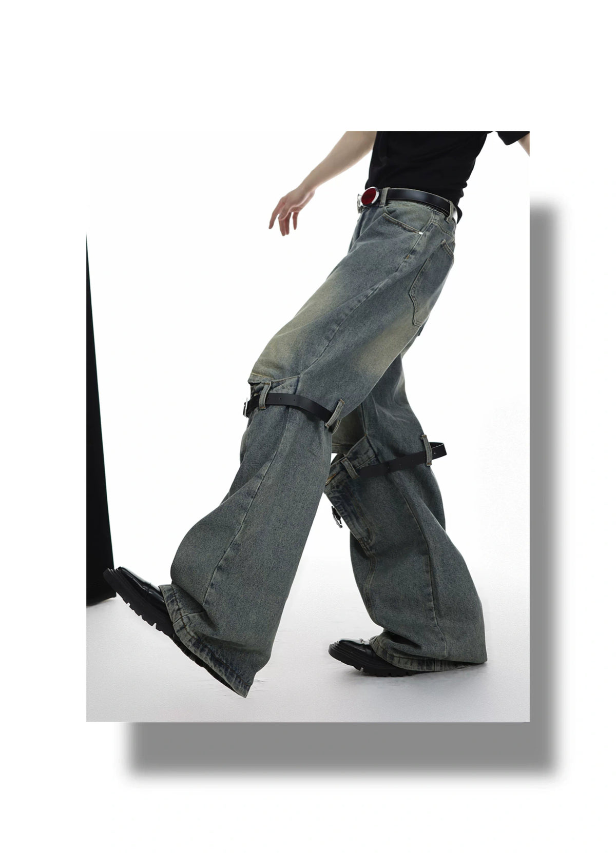High-Waisted Washed Belt-Detail Jeans | GARGUE TCULTURE - description image 4