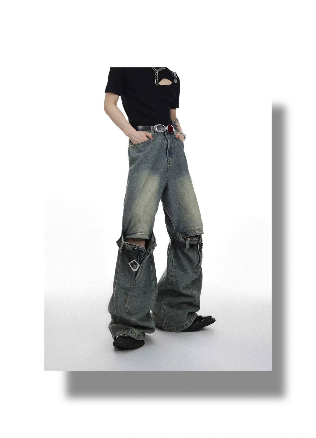 High-Waisted Washed Belt-Detail Jeans | GARGUE TCULTURE - description image 5
