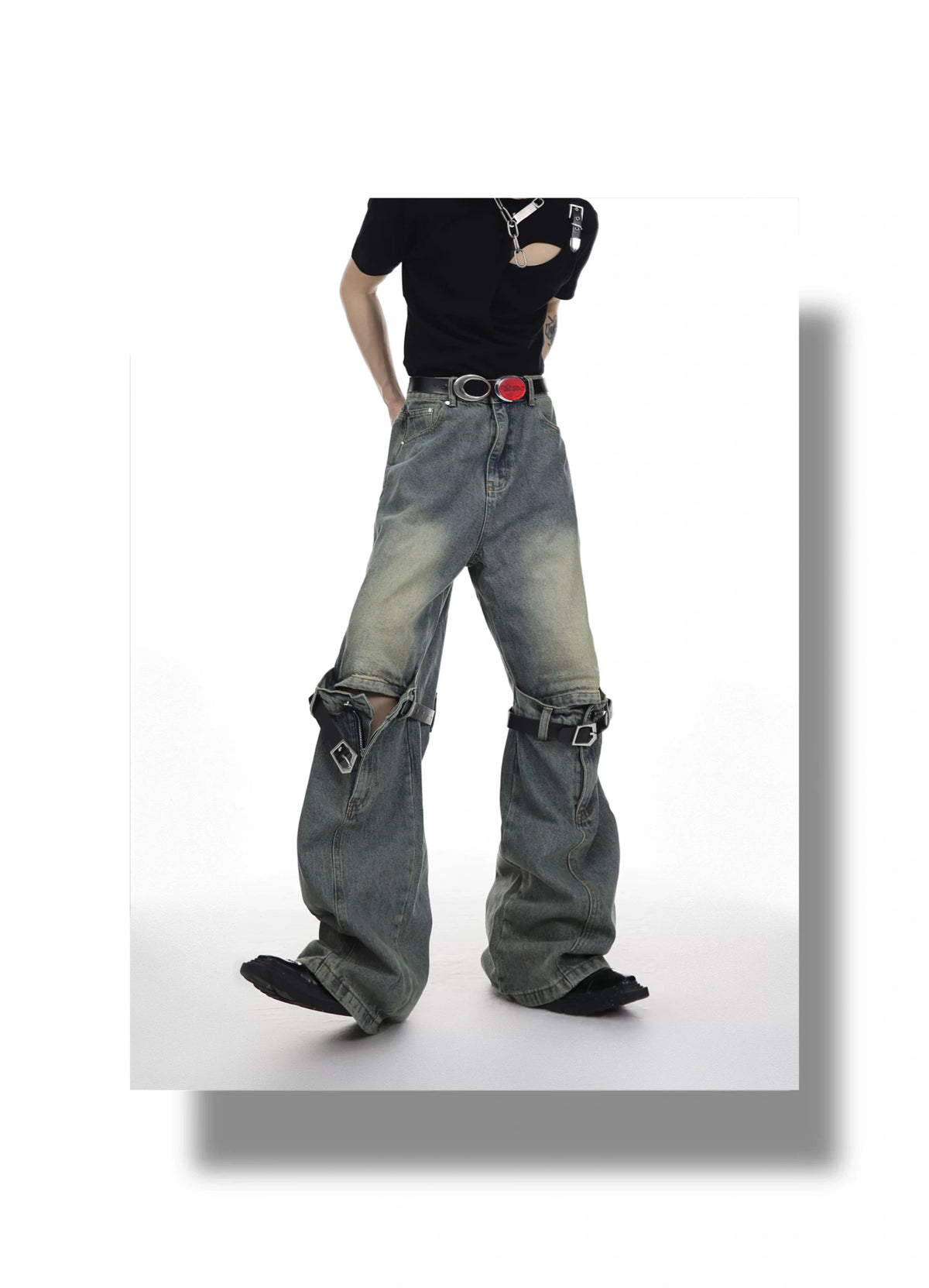 High-Waisted Washed Belt-Detail Jeans | GARGUE TCULTURE - description image 6