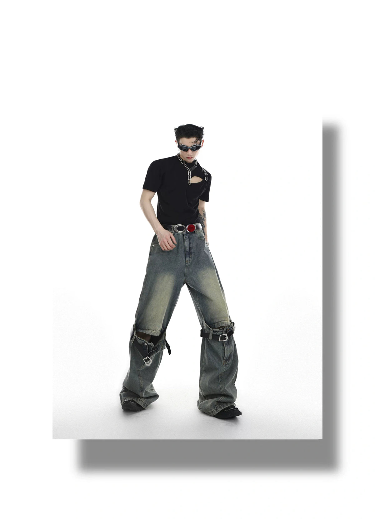 High-Waisted Washed Belt-Detail Jeans | GARGUE TCULTURE - description image 7