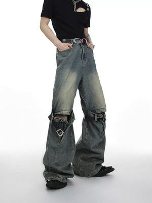 High-Waisted Washed Belt-Detail Jeans | GARGUE TCULTURE - main image 1