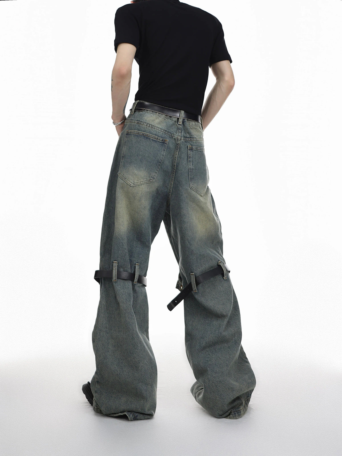 High-Waisted Washed Belt-Detail Jeans | GARGUE TCULTURE - main image 2