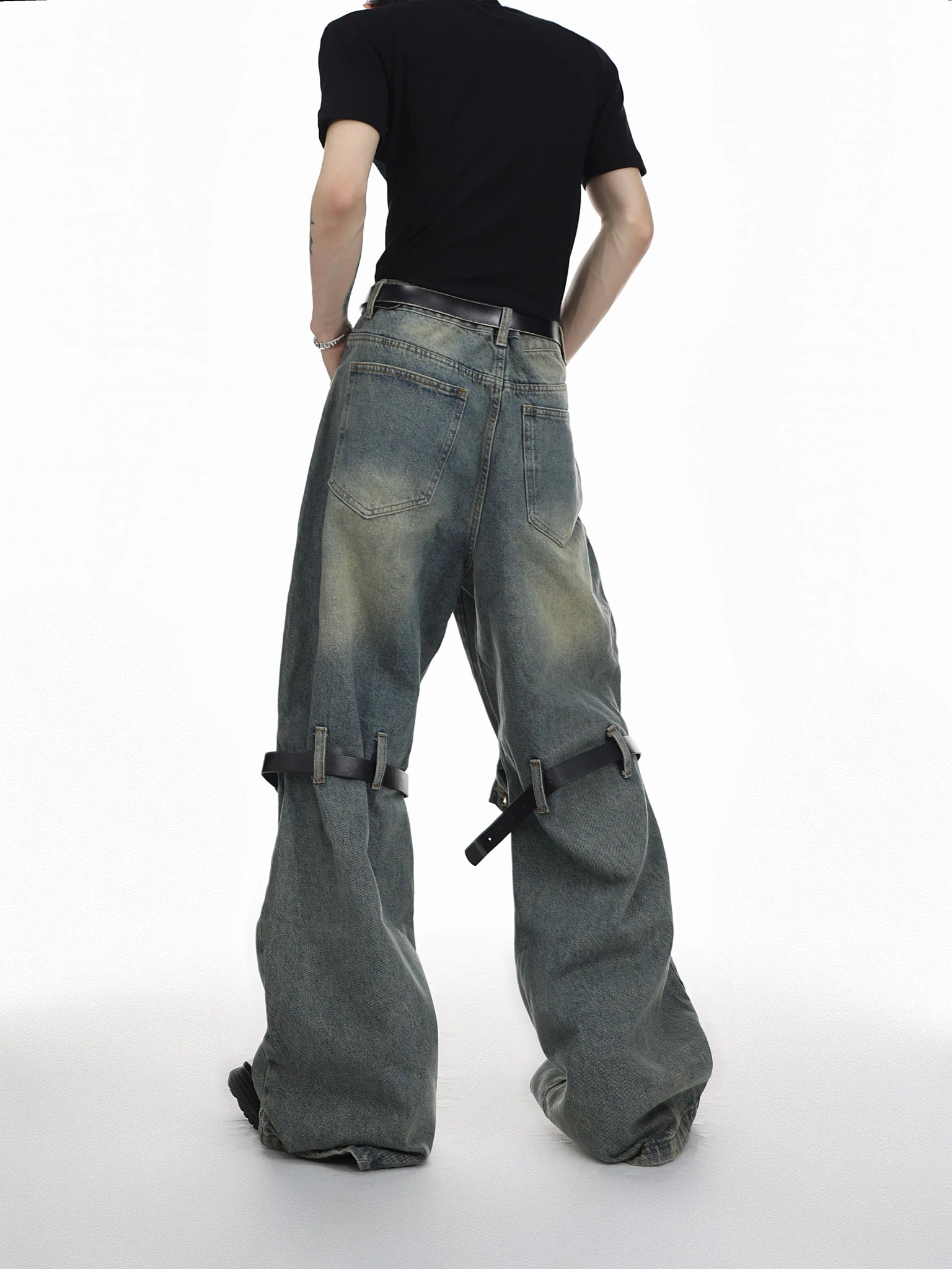 High-Waisted Washed Belt-Detail Jeans | GARGUE TCULTURE - main image 2