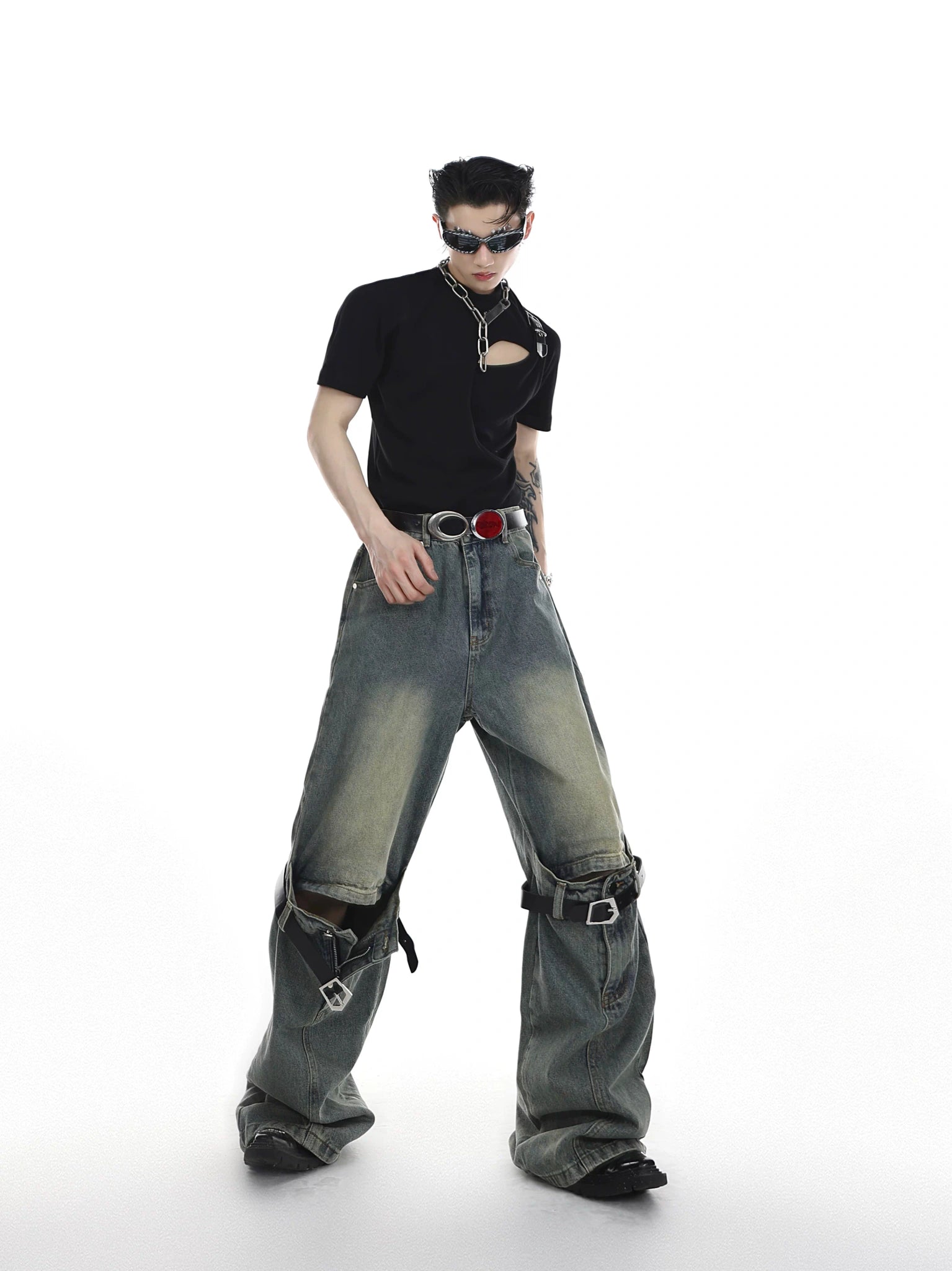High-Waisted Washed Belt-Detail Jeans | GARGUE TCULTURE - main image 4