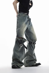 High-Waisted Washed Belt-Detail Jeans | GARGUE TCULTURE - Blue