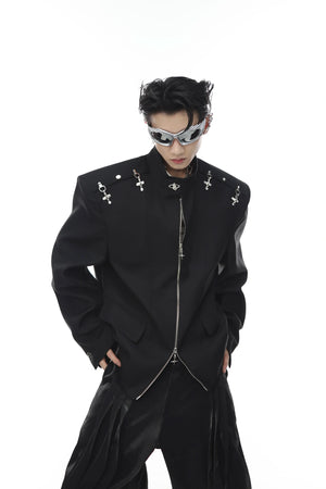 Relaxed Metal-Clasp Stand-Collar Jacket - Black
