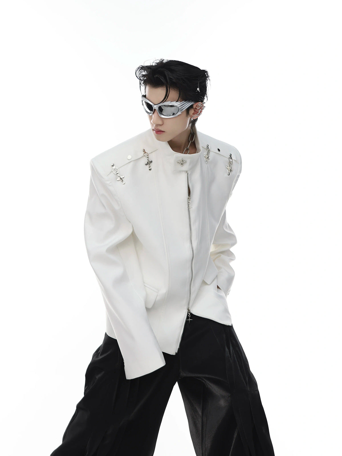 Relaxed Metal-Clasp Stand-Collar Jacket - White