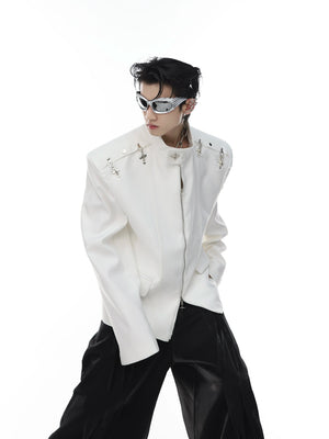 Relaxed Metal-Clasp Stand-Collar Jacket - White