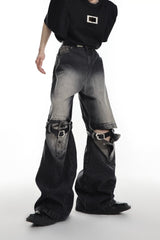 Washed Cutout Jeans | Relaxed High-Rise Streetwear - Black