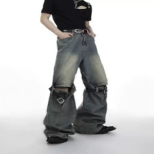Washed Cutout Jeans | Relaxed High-Rise Streetwear - Blue