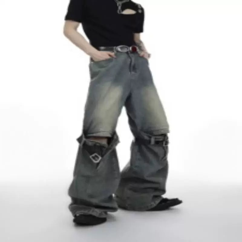Washed Cutout Jeans | Relaxed High-Rise Streetwear - Blue