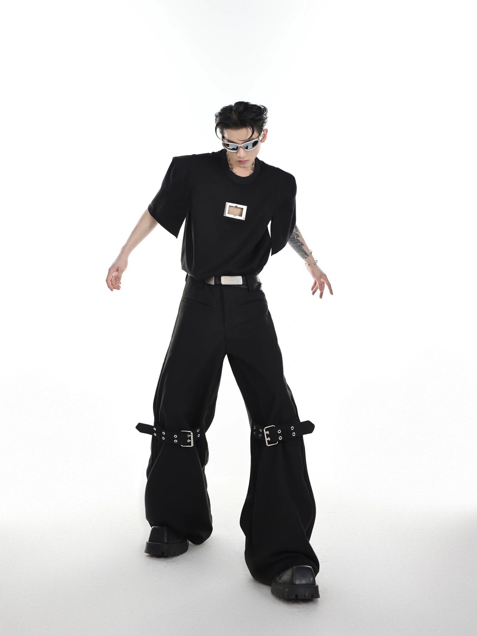 Black High-Rise Tie-Detail Slight-Flare Trousers - main image 5