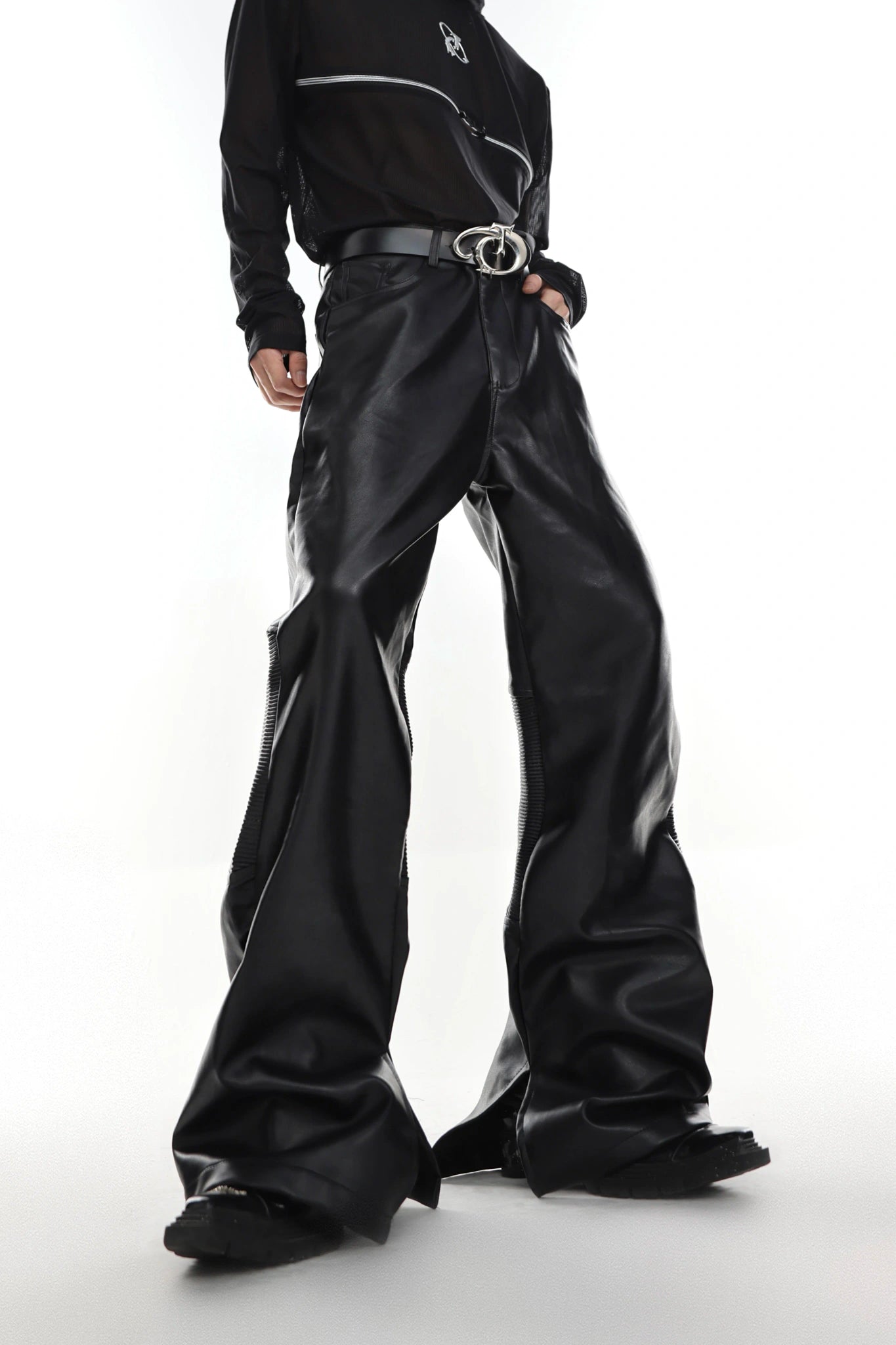 Black Pleated Split-Hem Polyester Trousers - Black