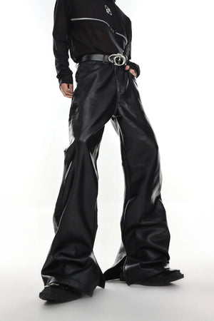 Black Pleated Split-Hem Polyester Trousers - Black