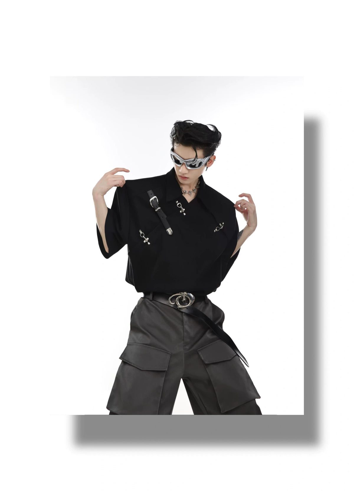 Asymmetrical Cotton Polo Shirt with Metal Buckle - description image 1