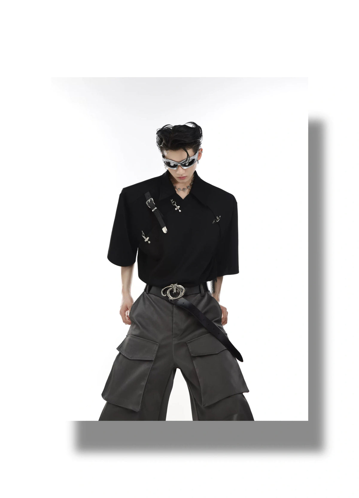 Asymmetrical Cotton Polo Shirt with Metal Buckle - description image 2