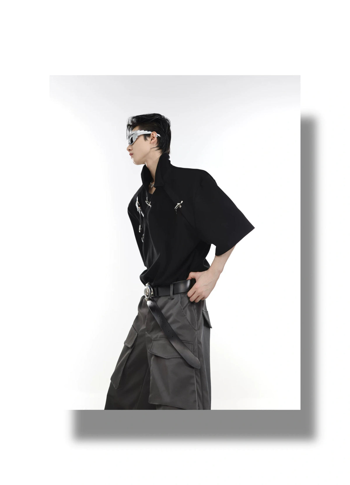 Asymmetrical Cotton Polo Shirt with Metal Buckle - description image 4