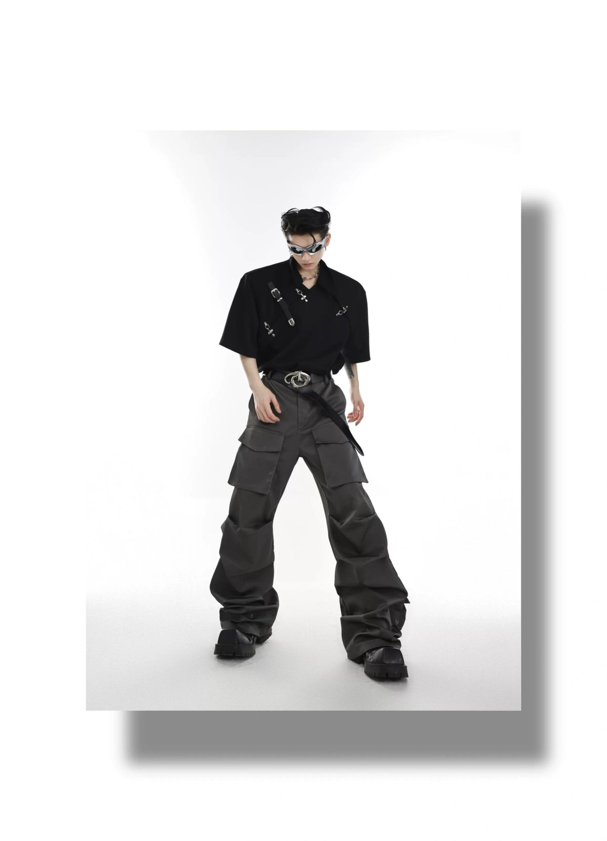 Asymmetrical Cotton Polo Shirt with Metal Buckle - description image 7