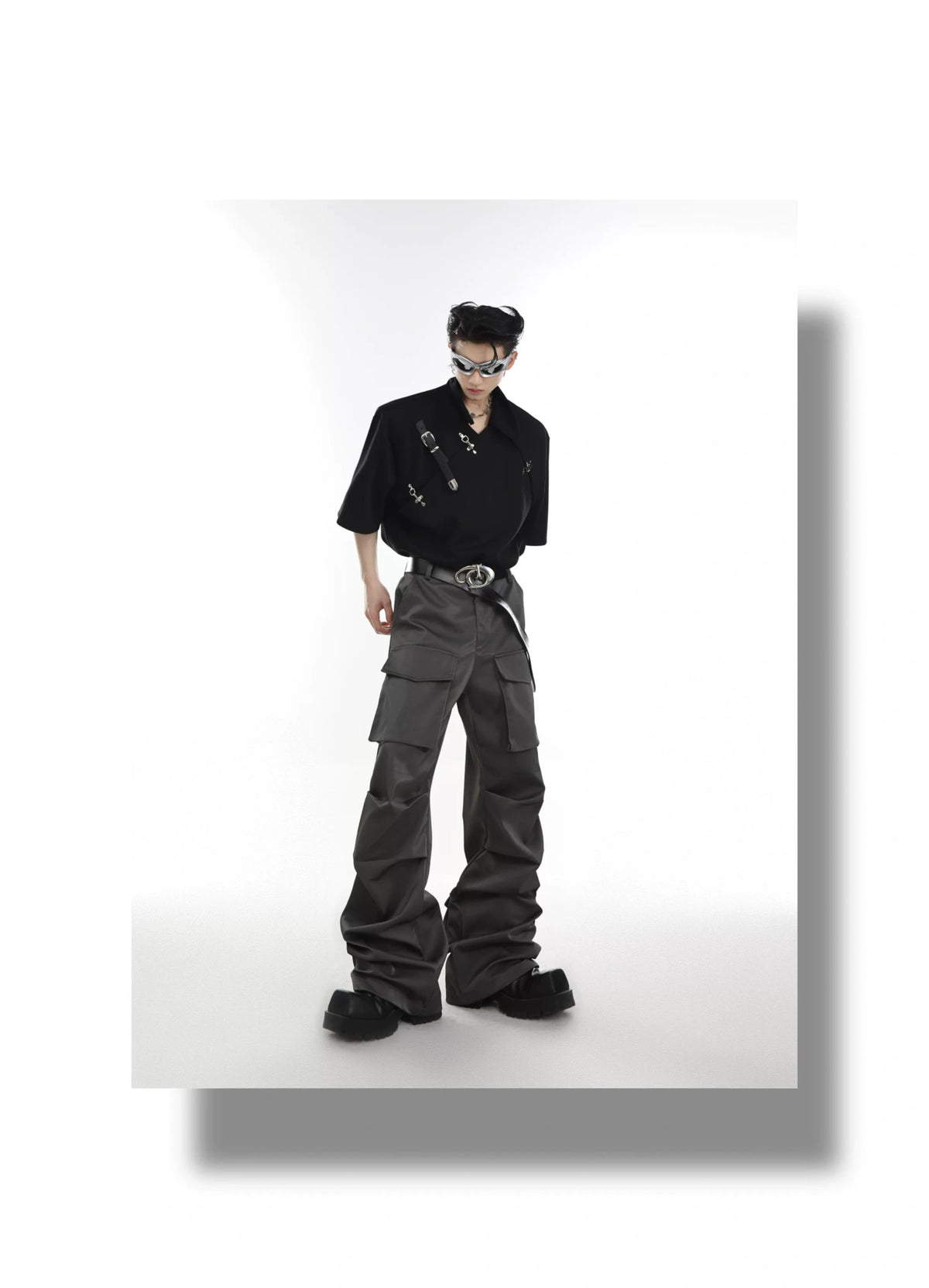 Asymmetrical Cotton Polo Shirt with Metal Buckle - description image 9