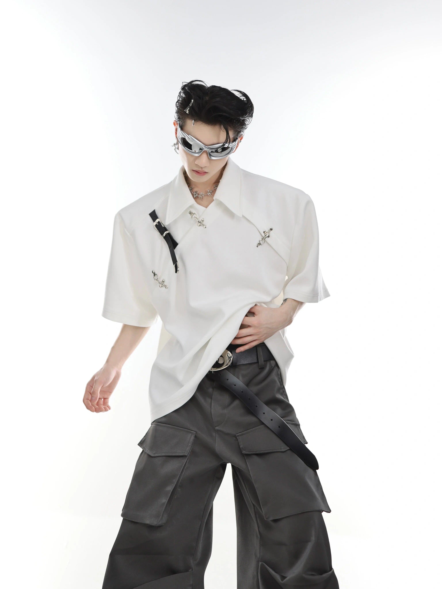 Asymmetrical Cotton Polo Shirt with Metal Buckle - main image 3