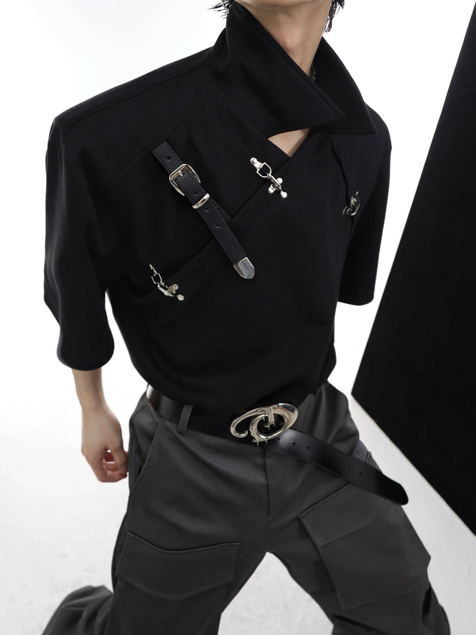 Asymmetrical Cotton Polo Shirt with Metal Buckle - Black