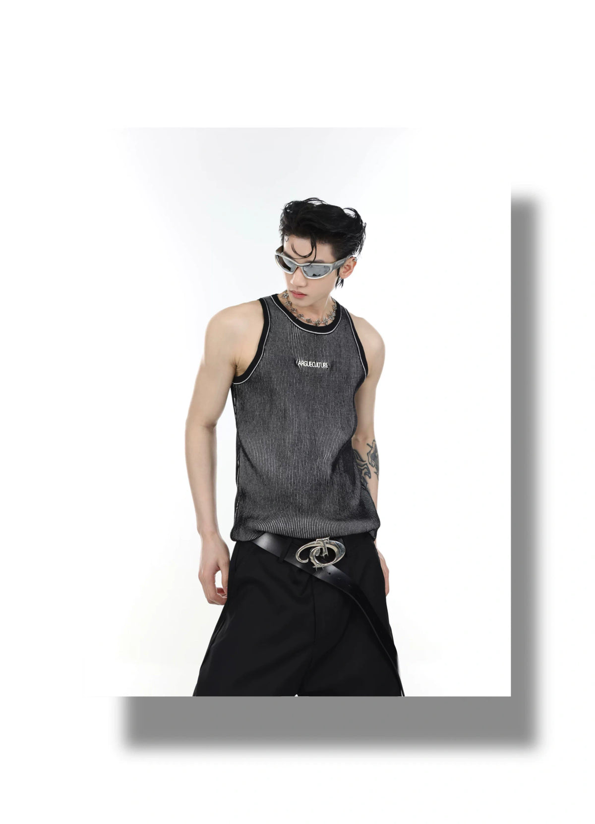 Textured Stripe Metal Logo Tank Top | Streetwear - description image 1
