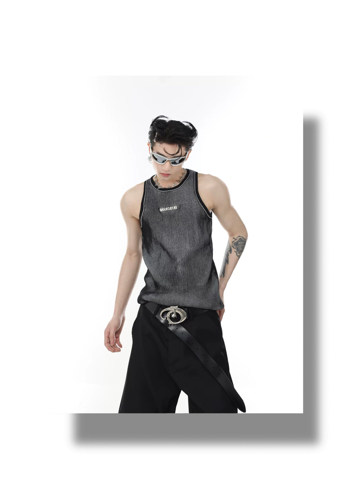 Textured Stripe Metal Logo Tank Top | Streetwear - description image 2