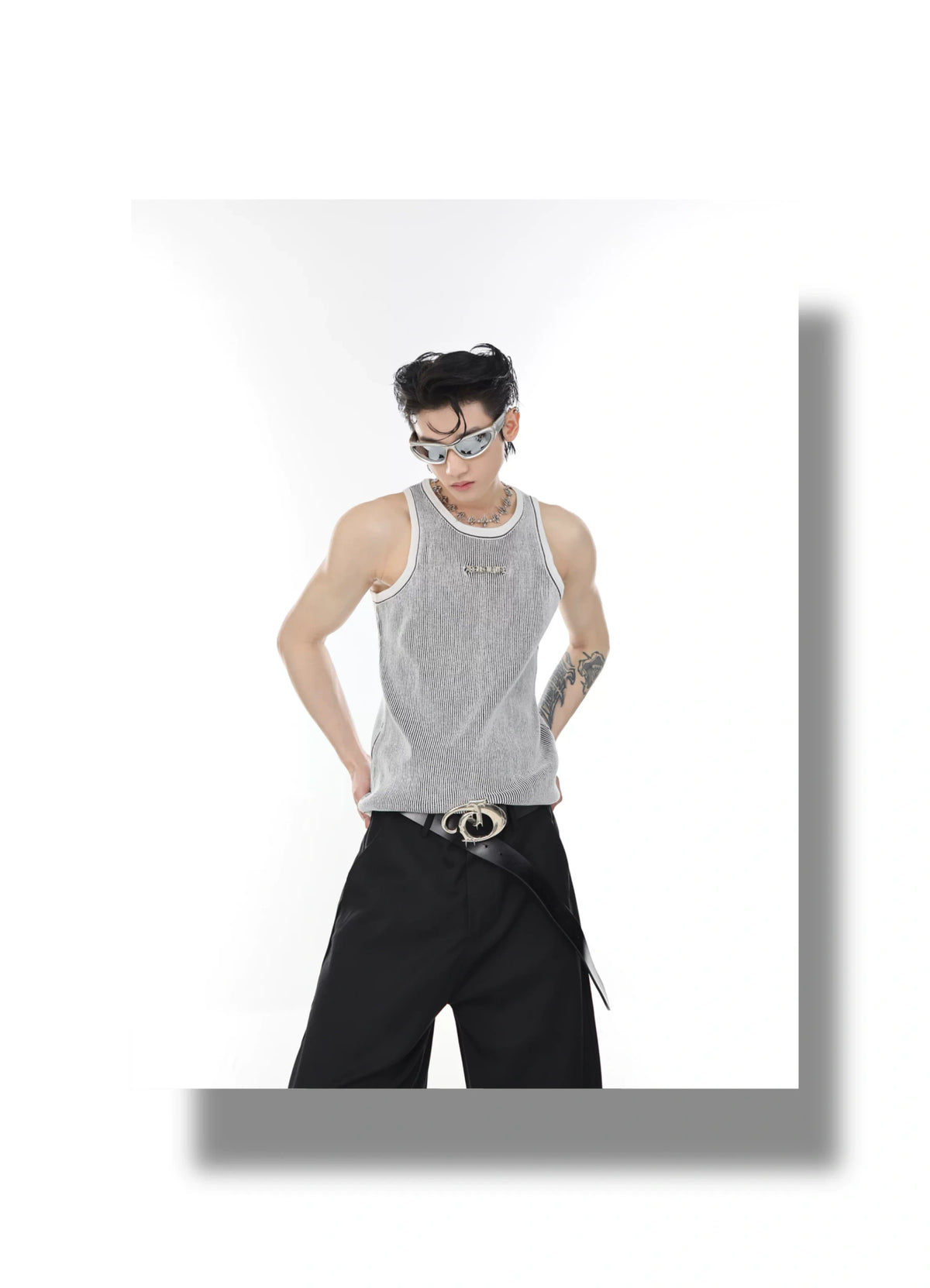 Textured Stripe Metal Logo Tank Top | Streetwear - description image 4