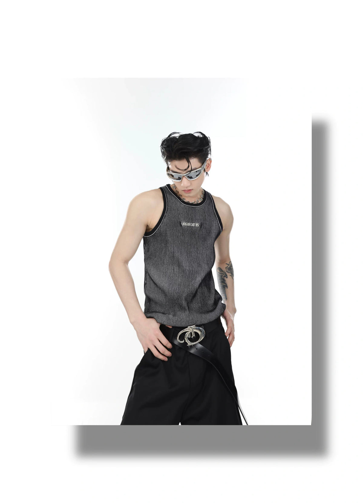 Textured Stripe Metal Logo Tank Top | Streetwear - description image 6