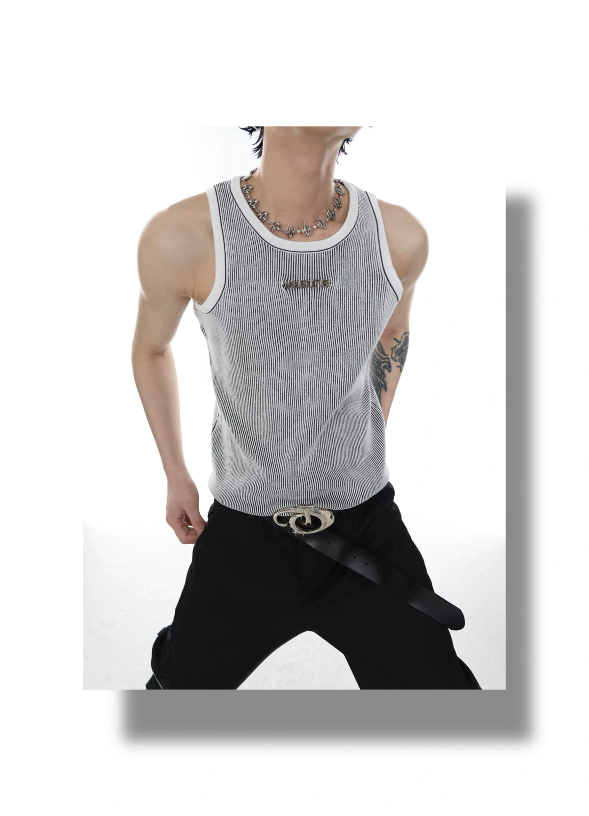 Textured Stripe Metal Logo Tank Top | Streetwear - description image 8
