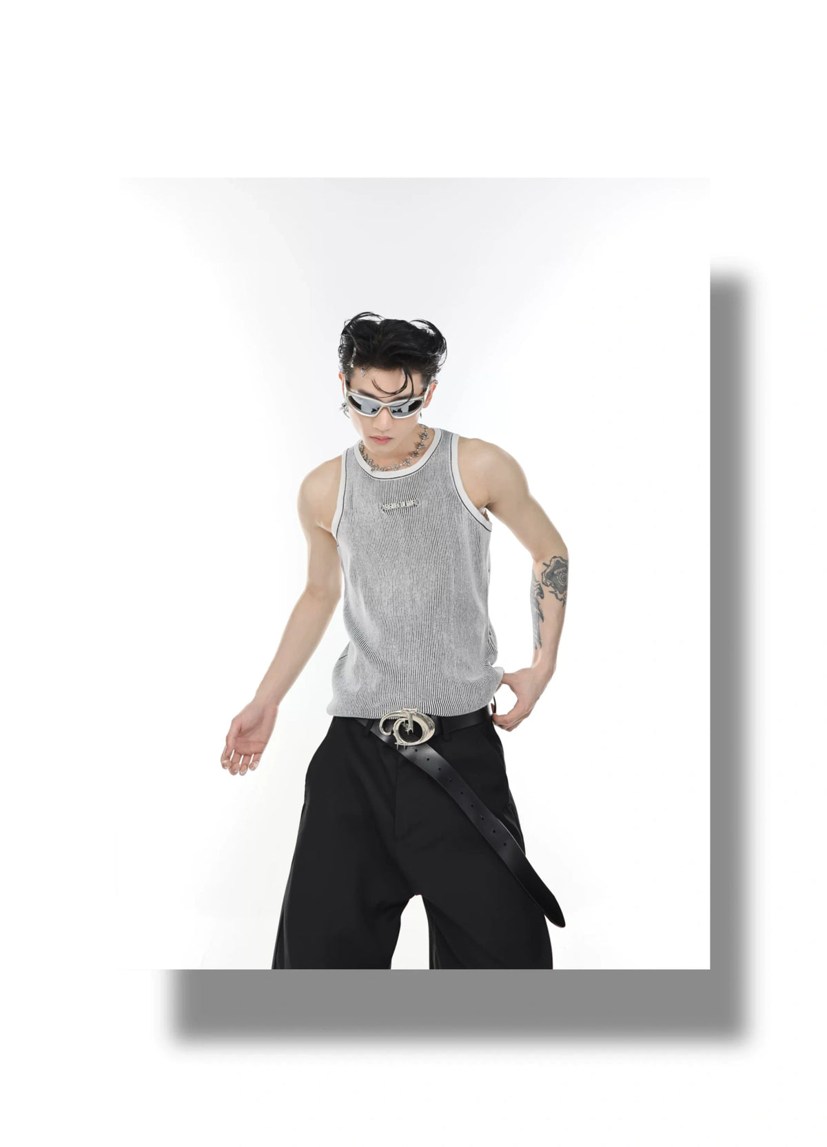Textured Stripe Metal Logo Tank Top | Streetwear - description image 12