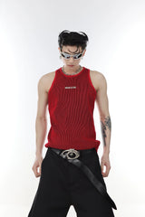 Textured Stripe Metal Logo Tank Top | Streetwear - Red