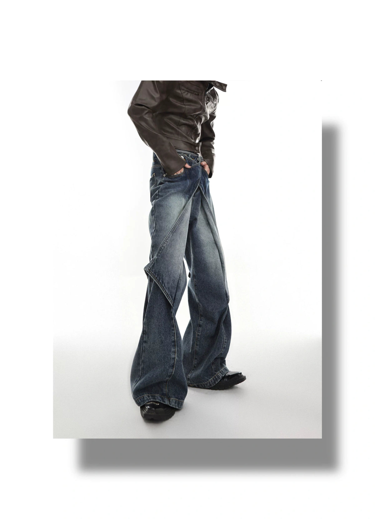 Washed Deconstructed Flared Jeans | Dual-Waist Denim - description image 1