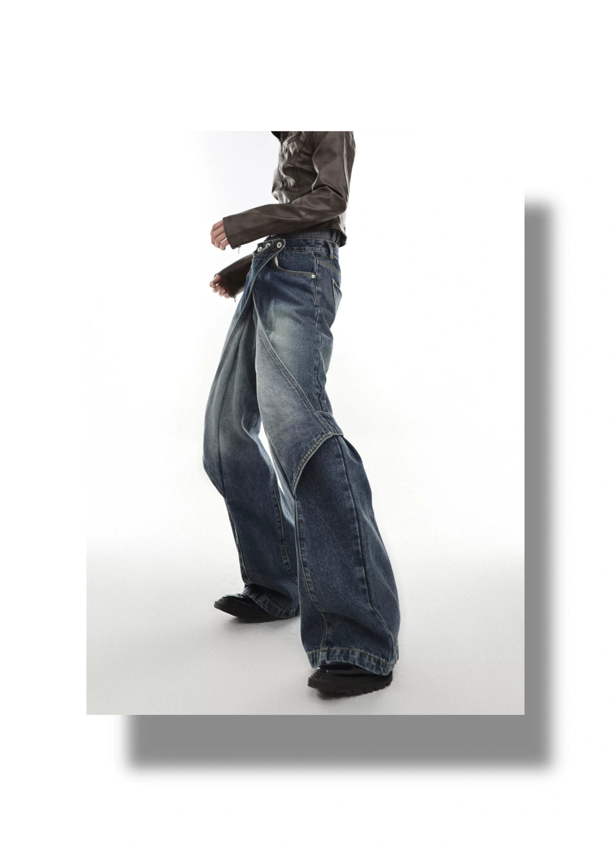 Washed Deconstructed Flared Jeans | Dual-Waist Denim - description image 3