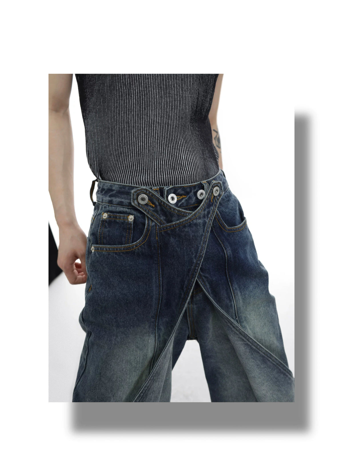 Washed Deconstructed Flared Jeans | Dual-Waist Denim - description image 5