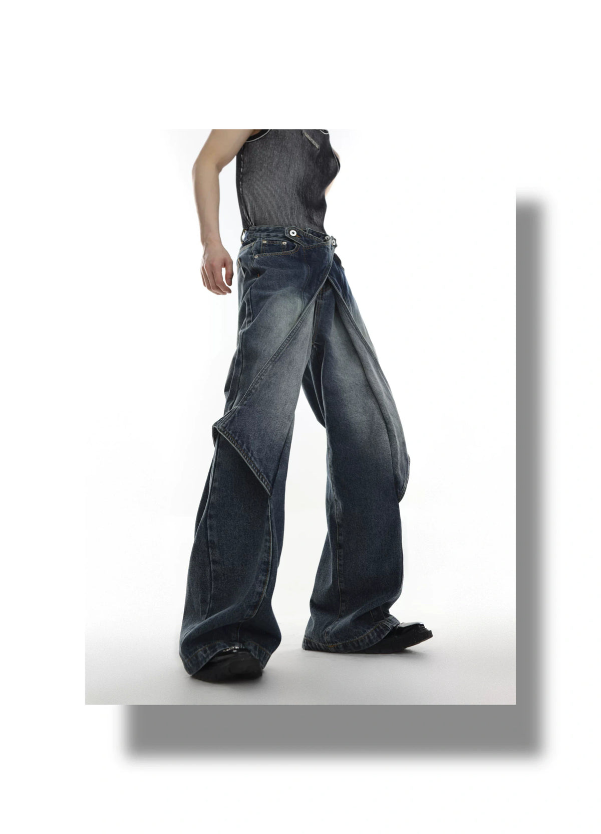 Washed Deconstructed Flared Jeans | Dual-Waist Denim - description image 6
