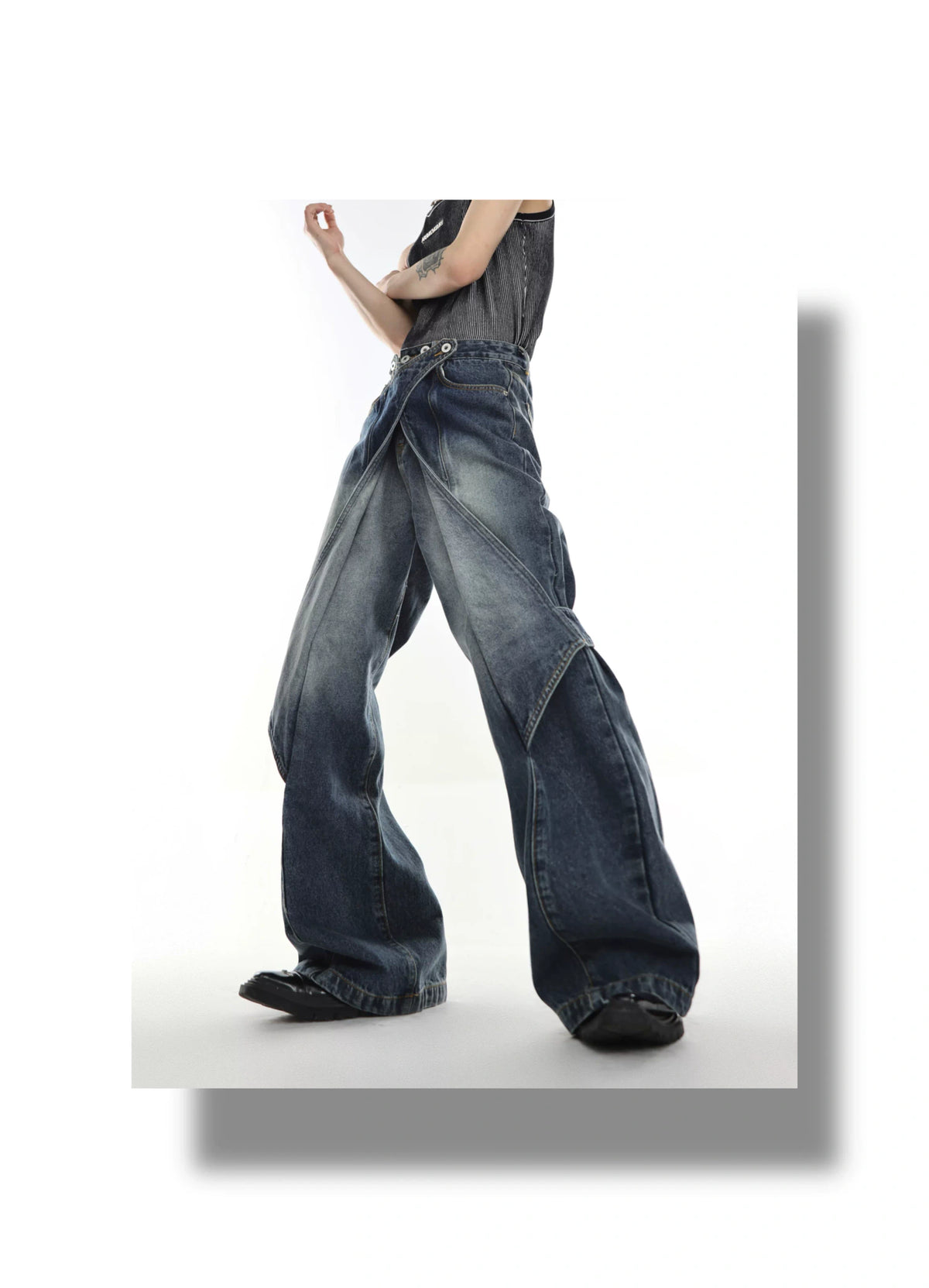 Washed Deconstructed Flared Jeans | Dual-Waist Denim - description image 8