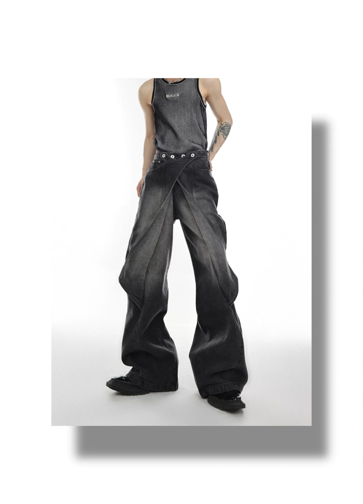 Washed Deconstructed Flared Jeans | Dual-Waist Denim - description image 10