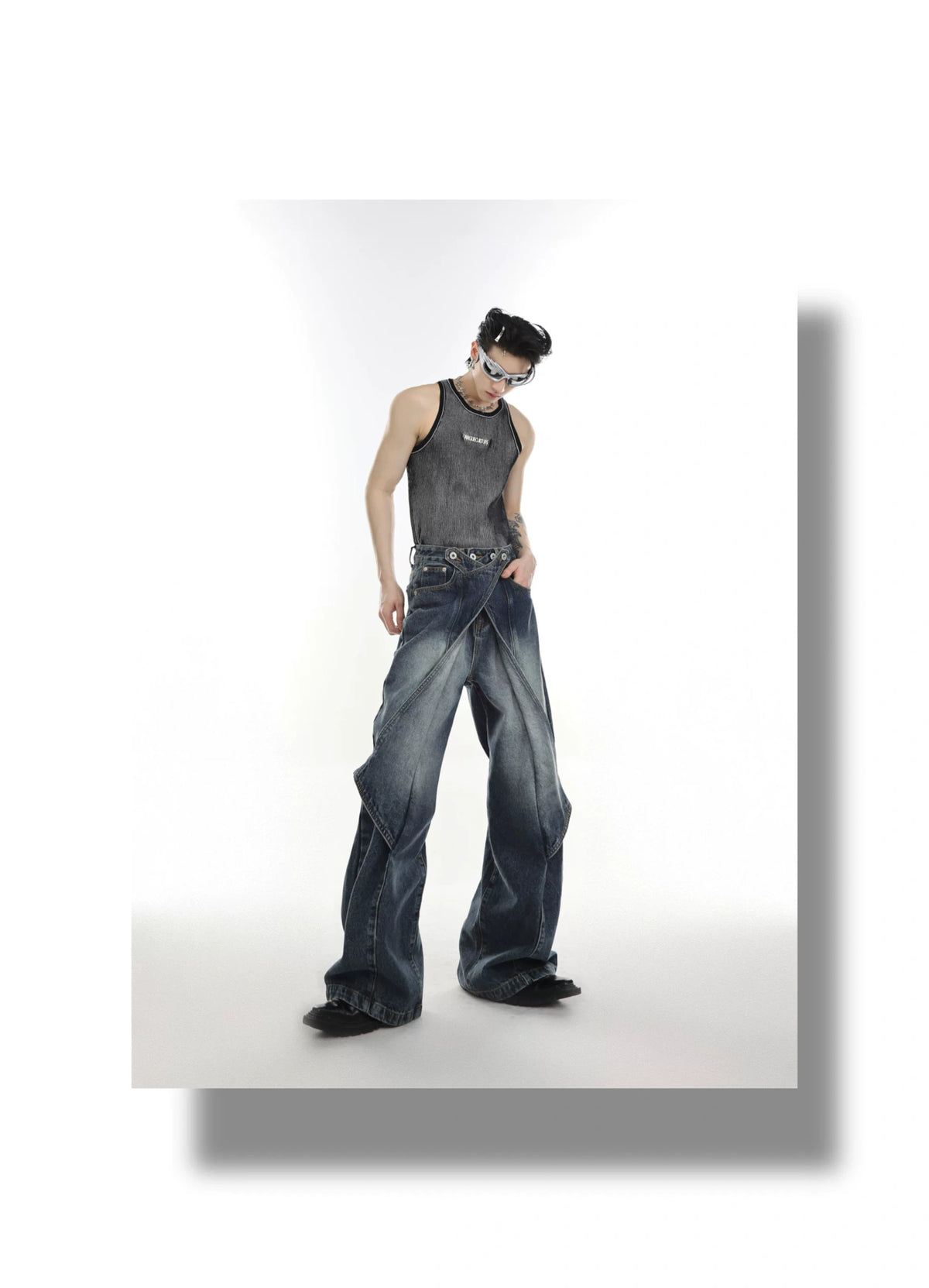 Washed Deconstructed Flared Jeans | Dual-Waist Denim - description image 11