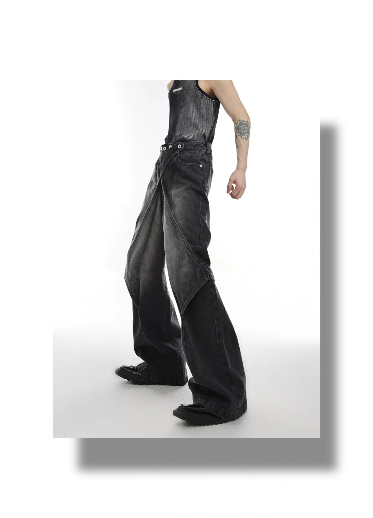 Washed Deconstructed Flared Jeans | Dual-Waist Denim - description image 13