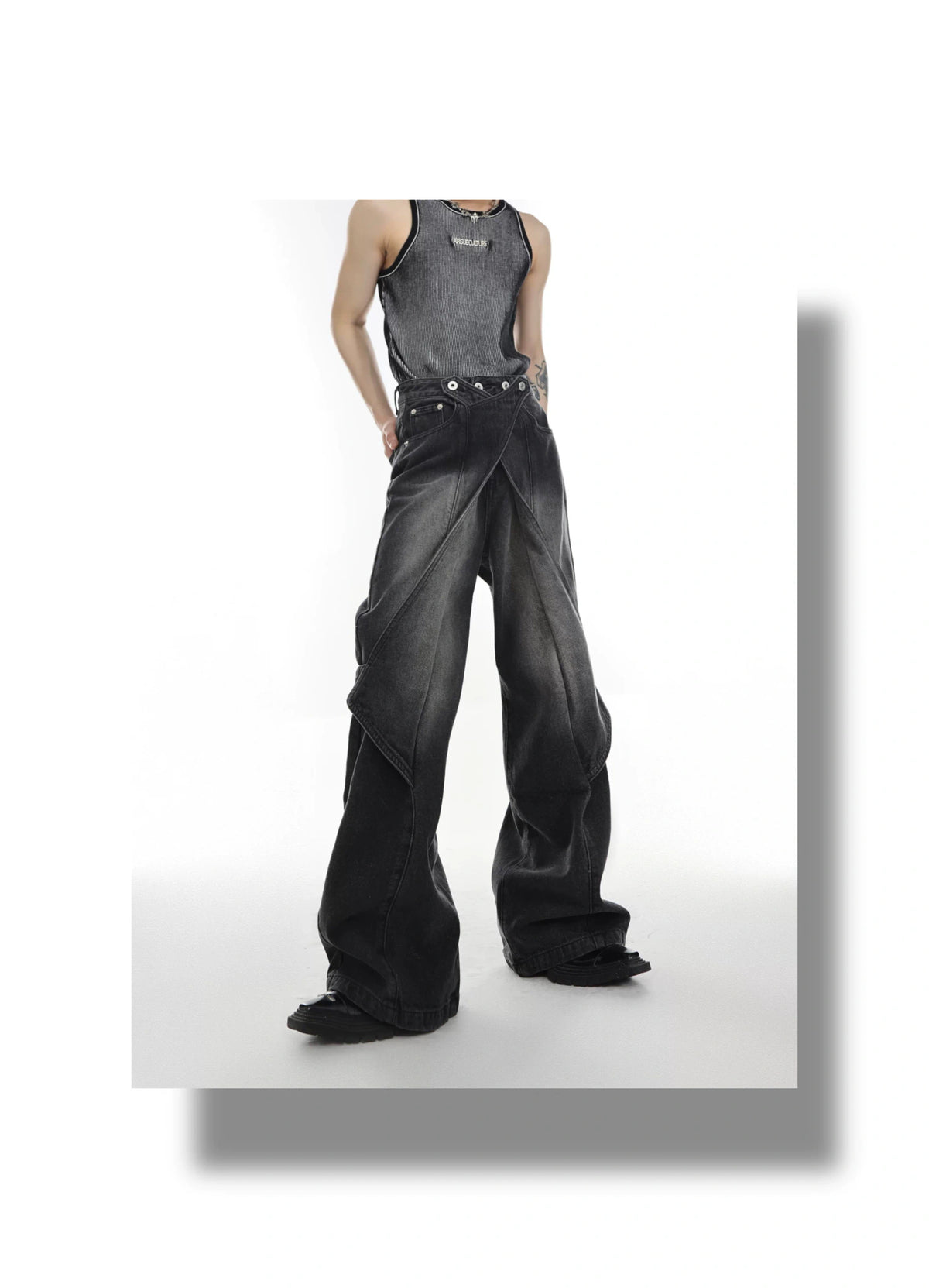 Washed Deconstructed Flared Jeans | Dual-Waist Denim - description image 14