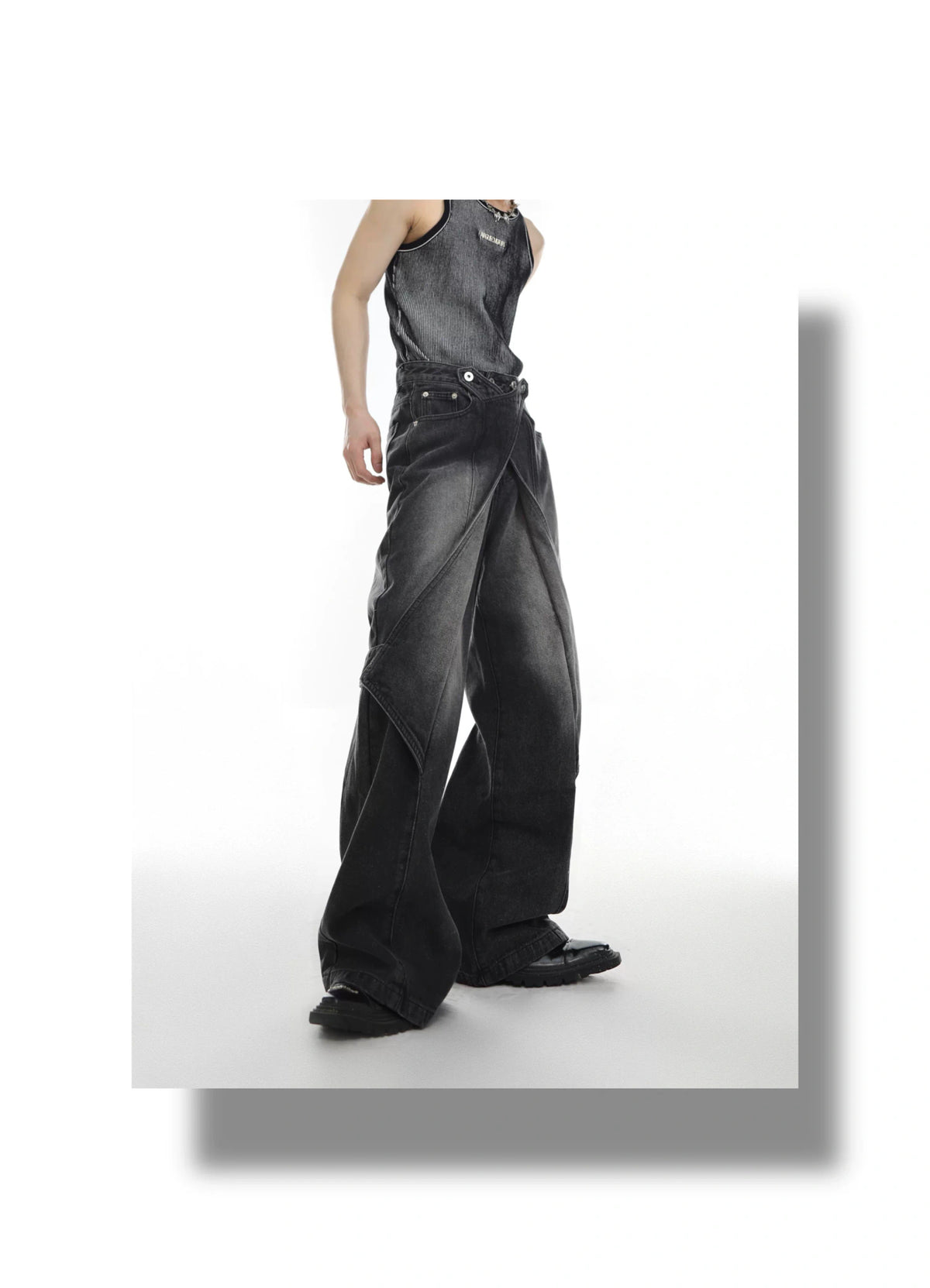 Washed Deconstructed Flared Jeans | Dual-Waist Denim - description image 15