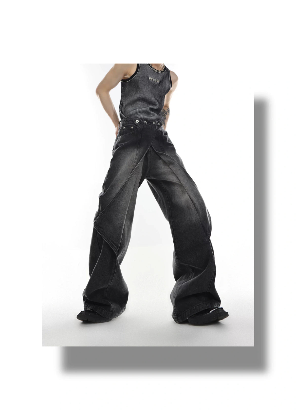 Washed Deconstructed Flared Jeans | Dual-Waist Denim - description image 16