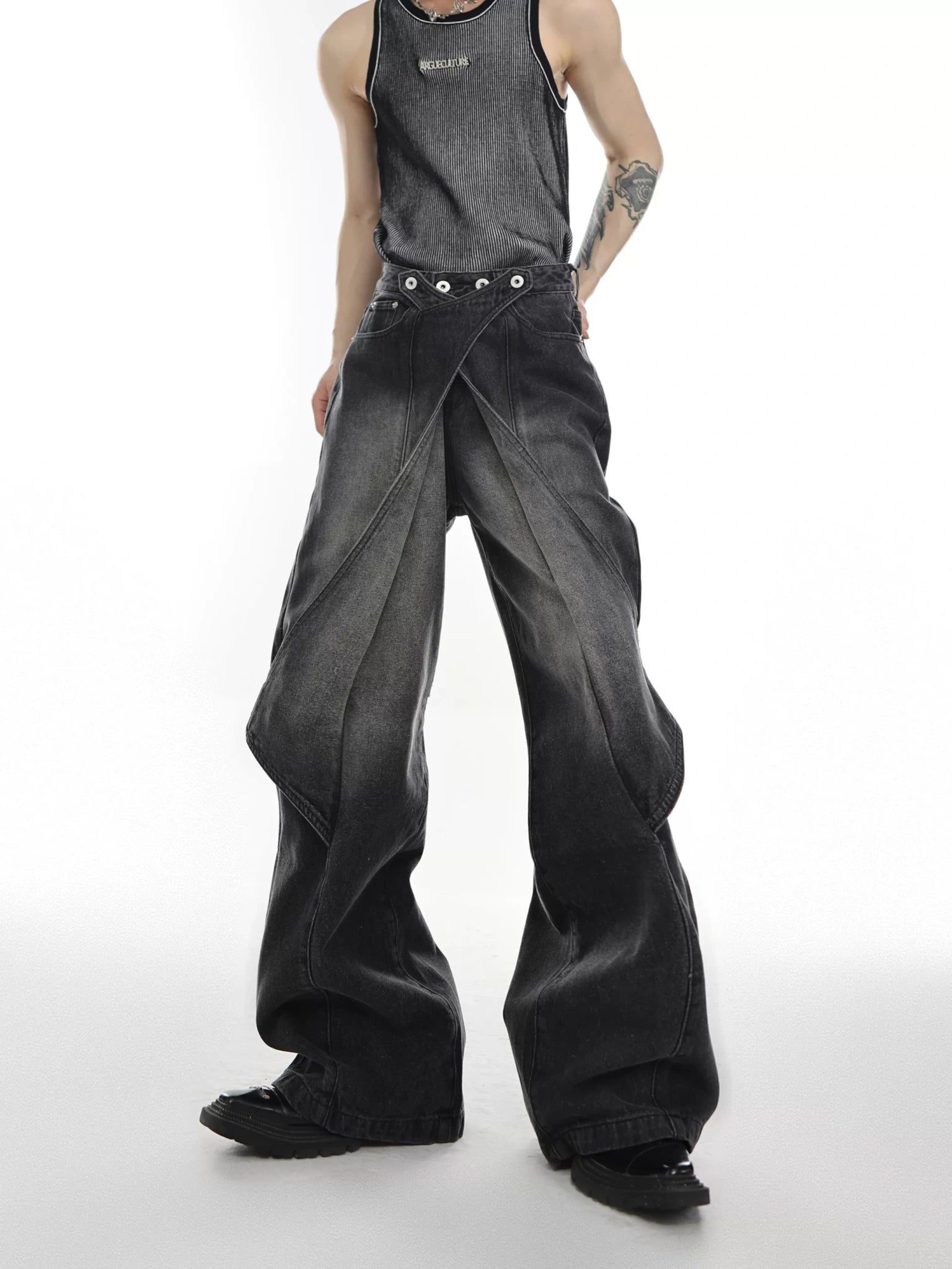 Washed Deconstructed Flared Jeans | Dual-Waist Denim - main image 1