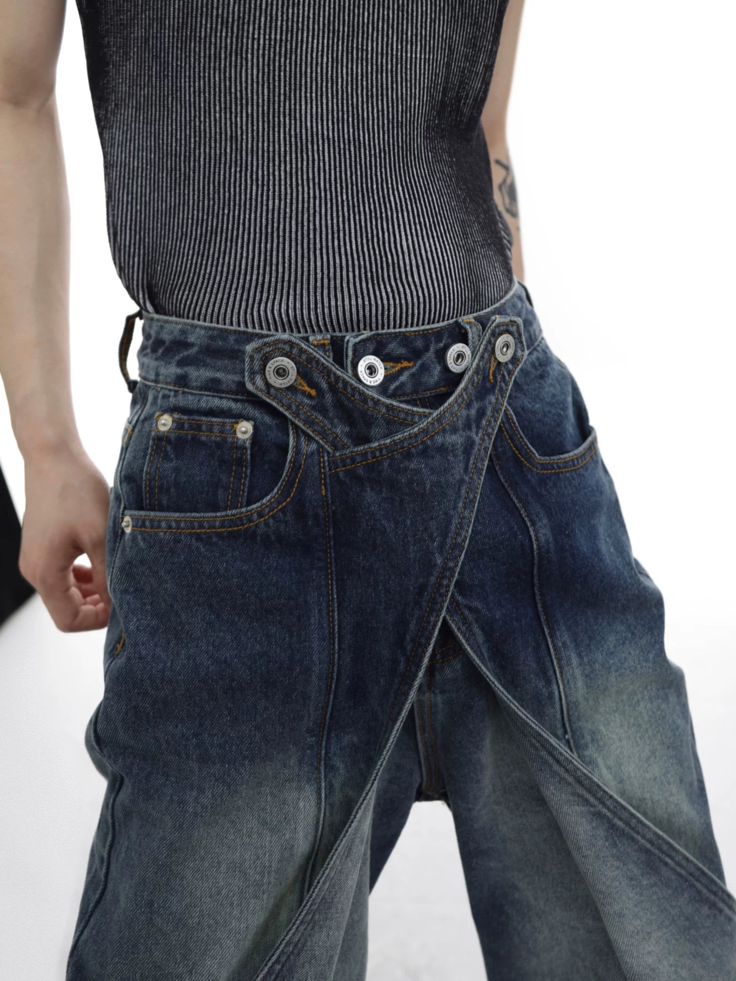 Washed Deconstructed Flared Jeans | Dual-Waist Denim - main image 4